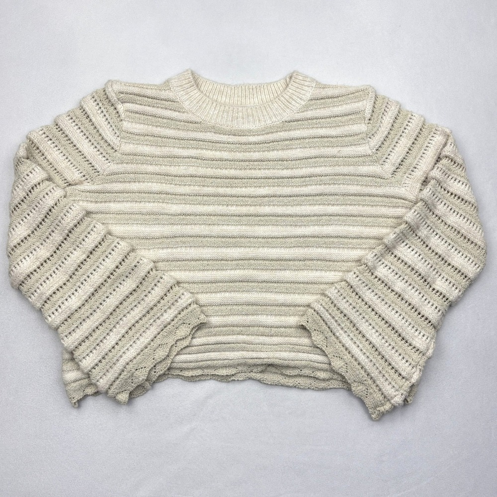 Ophelia Roe Sweater Women Large Cream Beige Stripe Pointelle Bell Sleeve Scallop